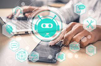 AI Chatbot智能数字客户服务应用程序概念使用人工智能聊天机器人的计算机或移动设备应用程序自动回复在线消息，以立即帮<i>助</i>客户