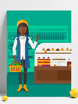 拿着篮子的一名非裔美国人的妇女有很多健康<i>食</i><i>物</i>和拒绝在超级市场背景的<i>垃</i>圾<i>食</i><i>物</i>导航平的设计例证垂直的布局女人拿着超市购<i>物</i>篮