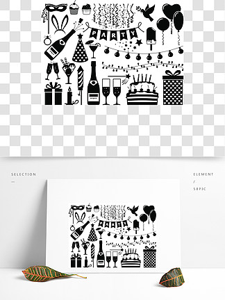 党在白色背景设置的黑象生日蛋糕和标志，礼物和蛇纹石，水杯和<i>派</i>对帽，矢量图标党的黑色图标集