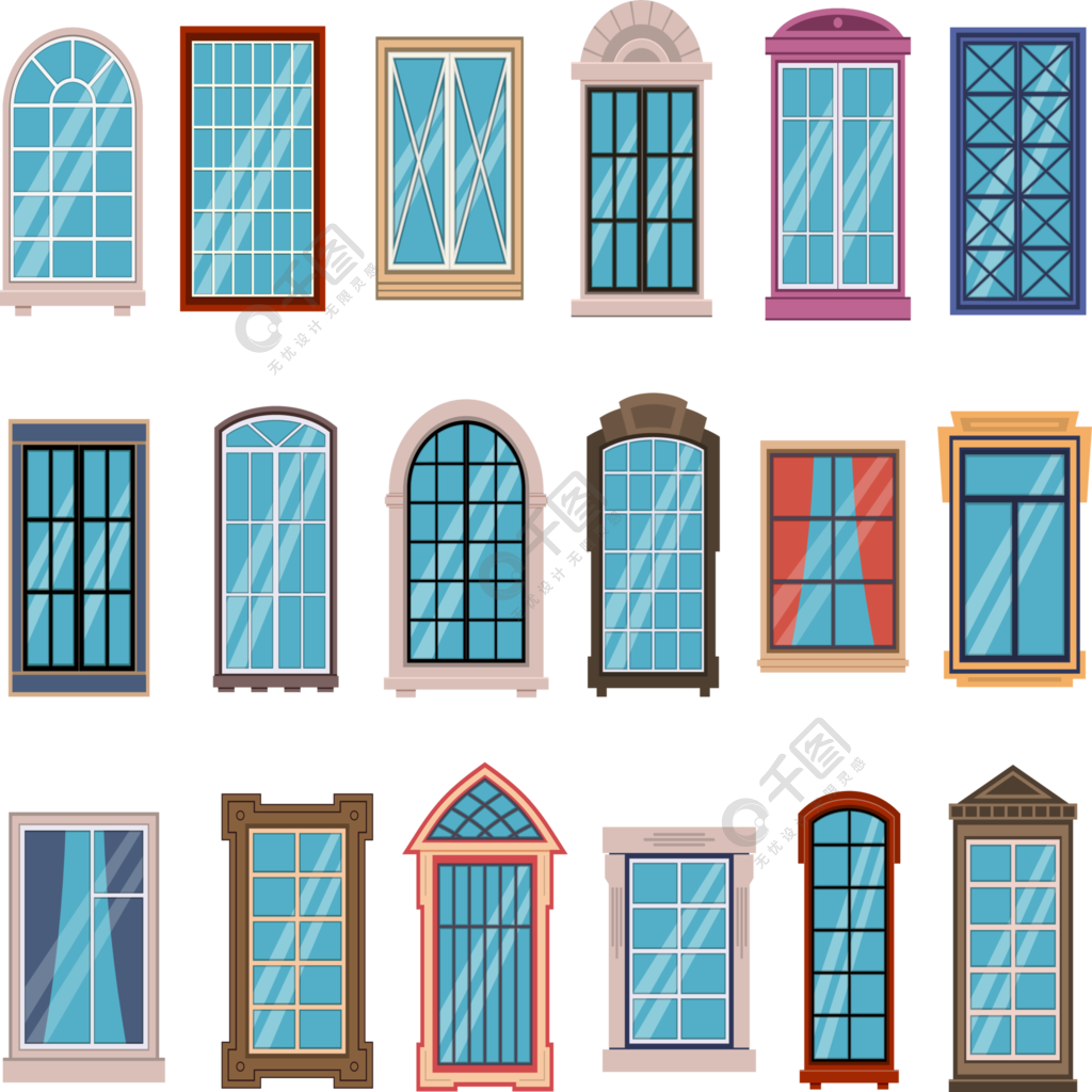 墙壁平面窗框多彩的各种木制和塑料窗框与窗台外部建筑房屋墙矢量元素