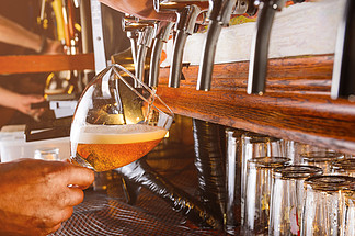 酒保手把生啤酒倒到从酒吧水龙头到玻璃男服务员从水龙头<i>供</i><i>应</i>啤酒