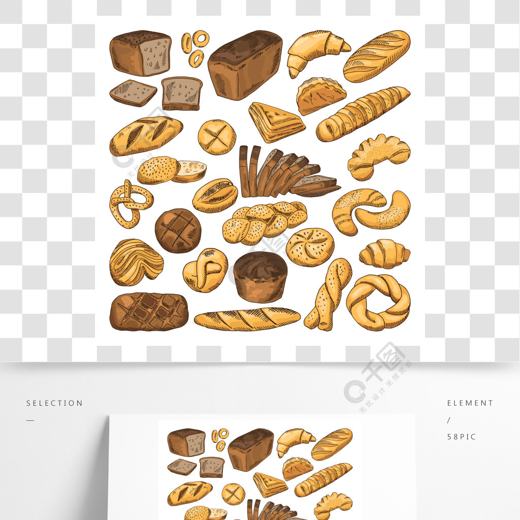 新鲜的面包和面包食品的不同类型的彩色的手绘图片法式长棍面包,牛角