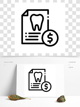 牙医口腔列表矢量细线图标在纸单上的牙和美元硬币，工具和设备线性图表椅子旁援助牙科<i>保</i><i>健</i><i>服</i><i>务</i>单色轮廓图牙医口腔列表矢量细线图标