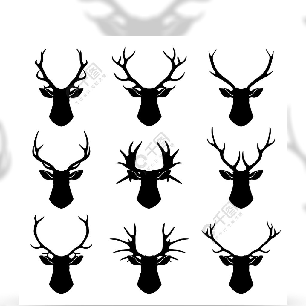 鹿的角驯鹿头矢量轮廓集动物鹿黑色剪影野生鹿的例证鹿角驯鹿头矢量