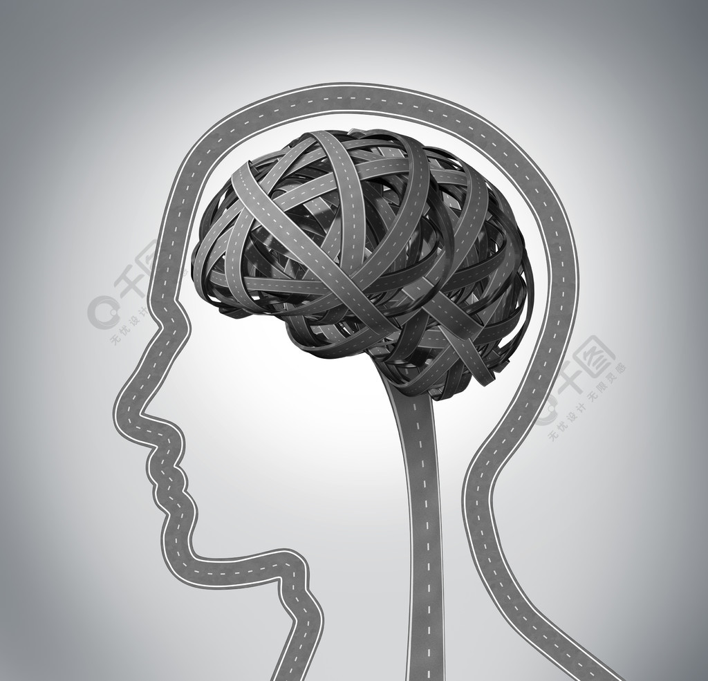 三维道路,形状像人的头和大脑,在混乱的方向思维功能概念中纠结在一起