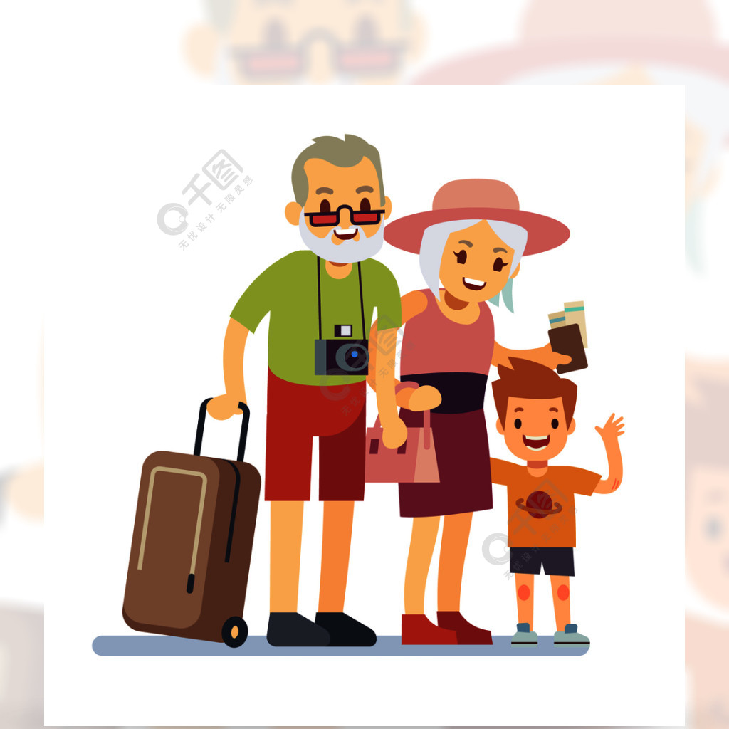 老人与孙子旅行者在度假微笑在度假的祖父母愉快的年长经验丰富的旅行