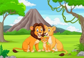 卡通家庭狮子在丛林中