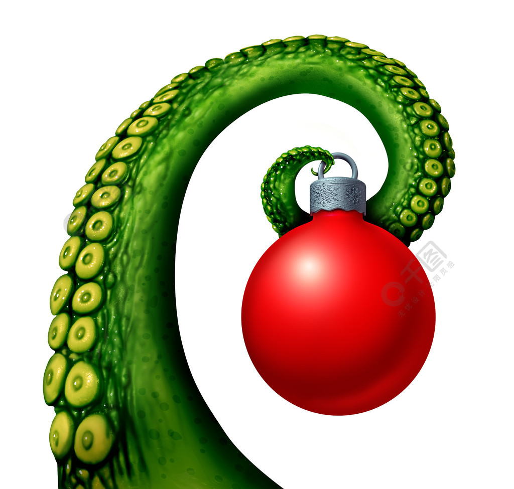 作为拿着与3d例证元素的空间生物的地球外的绿色触手的外籍圣诞节假日