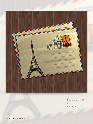 导航与艾菲尔铁塔，法国标记和邮票的文本的葡萄酒样式信件和文本木<i>纹</i><i>理</i><i>背</i>景例证的矢量与埃菲尔铁塔的复古风格字母