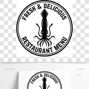 新鲜的海鲜会徽模板与鱿鱼标志，标签，标志，标志，海报的设计元素向量例证