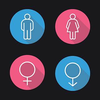 性别符号扁线形长长的阴影图标集男人和女人的wc厕所门标志矢量线符号