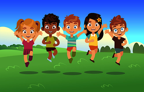 快乐的跳跃孩子儿童假期卡通全景儿童夏季草甸公园青少年