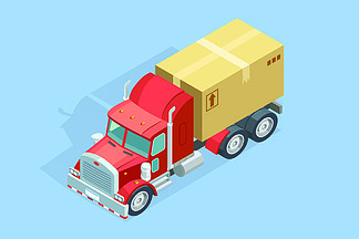 重型卡车等距模板重型卡车等距模板与纸箱包裹在蓝色背景孤立的矢量图