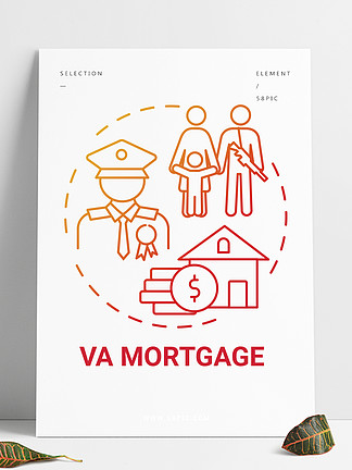 VA抵押概念图标退伍军人事务类型想法细线图直接住房贷款退伍军人，现役军人和某些军事配偶矢量孤立的轮廓RGB彩色绘图VA抵押概念图标