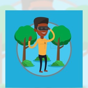 戴着虚拟现实耳机的非洲游戏玩家在公园使用虚拟现实眼镜的人和在公园里玩电子游戏在背景上孤立的圆圈矢量平面设计插画在公园里戴着虚拟现实耳机的人