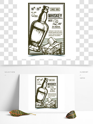 威士忌酒放<i>松</i>酒吧广告海报矢量葡萄酒有酒精泡沫爱尔兰饮料和玻璃盖帽空白的标签的威士忌酒瓶有液体和冰块的模板单色插图威士忌放<i>松</i>酒吧广告海报矢量