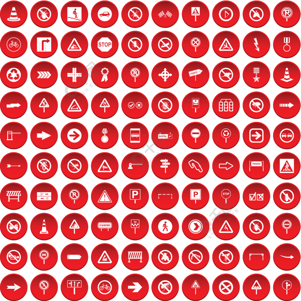 100個路標象在白色傳染媒介例證在紅色圈子設置了被隔絕100個道路標誌