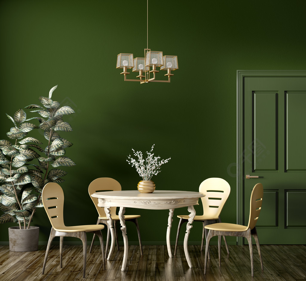 内部的现代餐厅,木制经典桌子和黄色椅子对深绿色的墙壁与门3d渲染