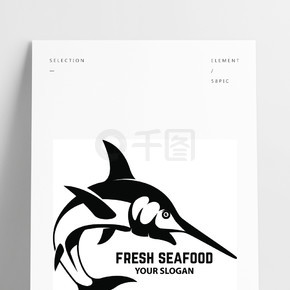 新鲜的海鲜会徽模板与箭鱼标志，标签，标志，标志，海报的设计元素向量例证