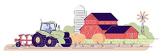耕作，耕种平面矢量图驾驶在领域的农夫拖拉机在农厂红色谷仓附近种田与大纲的卡通概<i>念</i>乡村农田，孤立的白色背景上的农村牧场