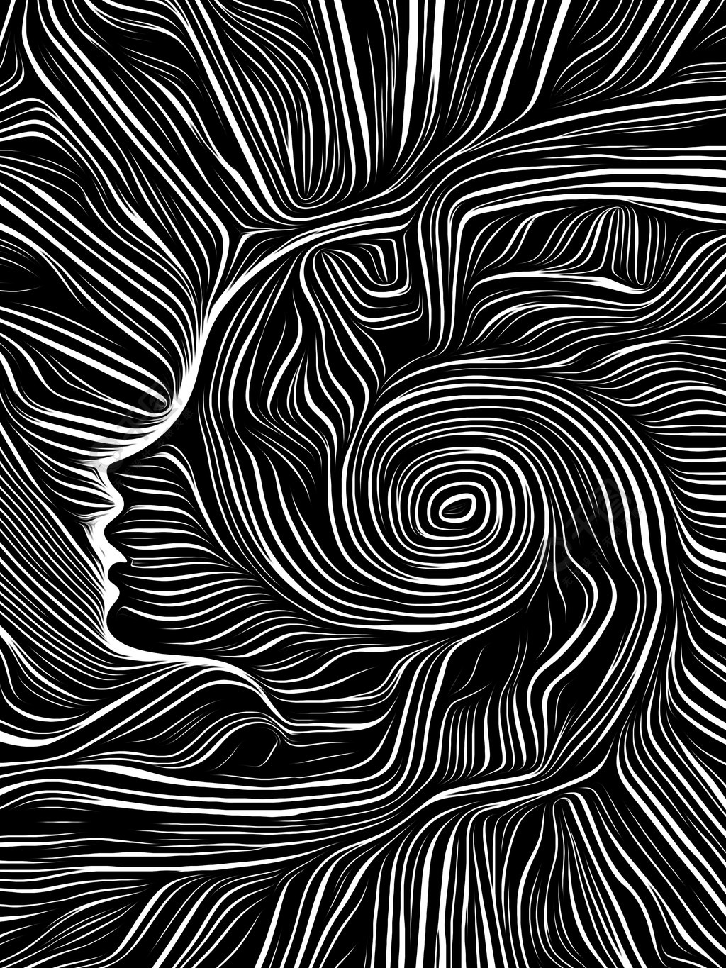 轮廓面集成在黑白木刻图案中关于思想,意识,理性和人类戏剧的主题黑白