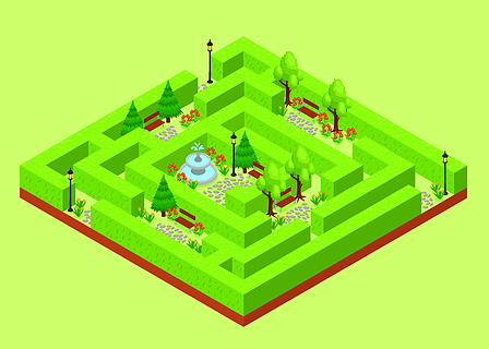 迷宫花园的等距视图的角树户外迷宫对冲景观公园建筑设计矢量图