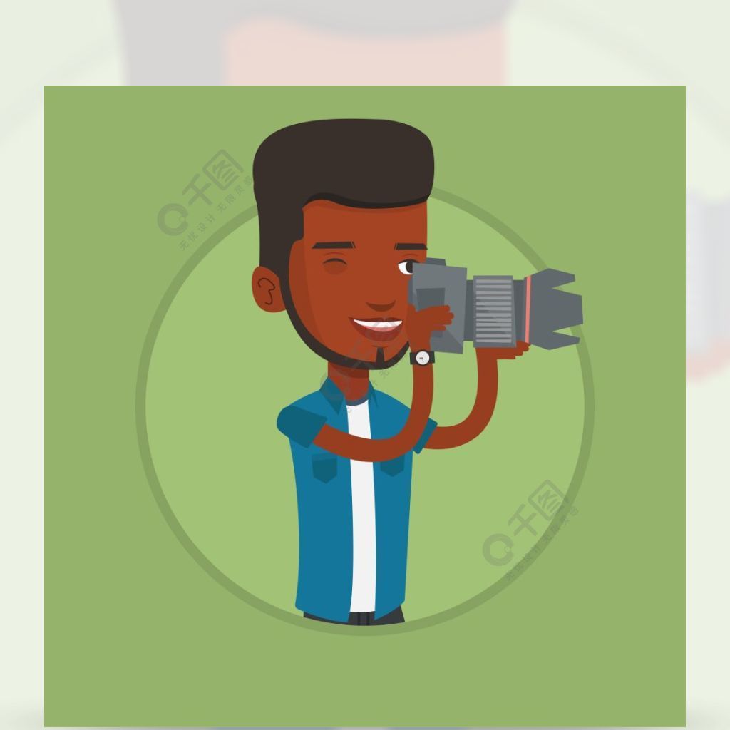 非洲裔美国摄影师使用数码相机摄影师拍照拍照片的微笑的摄影师导航在背景隔绝的圈子的平的设计例证采取照片传染媒介例证的摄影师