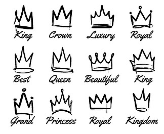 矢量皇冠标志手绘涂鸦素描和标志集合为国王和王后在白色背景隔绝的黑刷子线矢量皇冠标志手绘涂鸦素描和标志的集合孤立在白色背景上的黑色画笔线