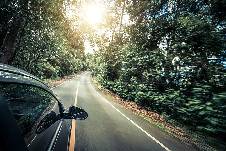 黑驾车侧视图在森林高速公路的路在夏天旅行和探索的概念