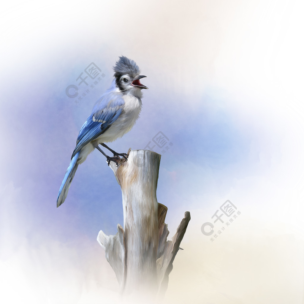 蓝色尖嘴鸟鸟栖息,水彩绘画蓝鸟鸟栖息
