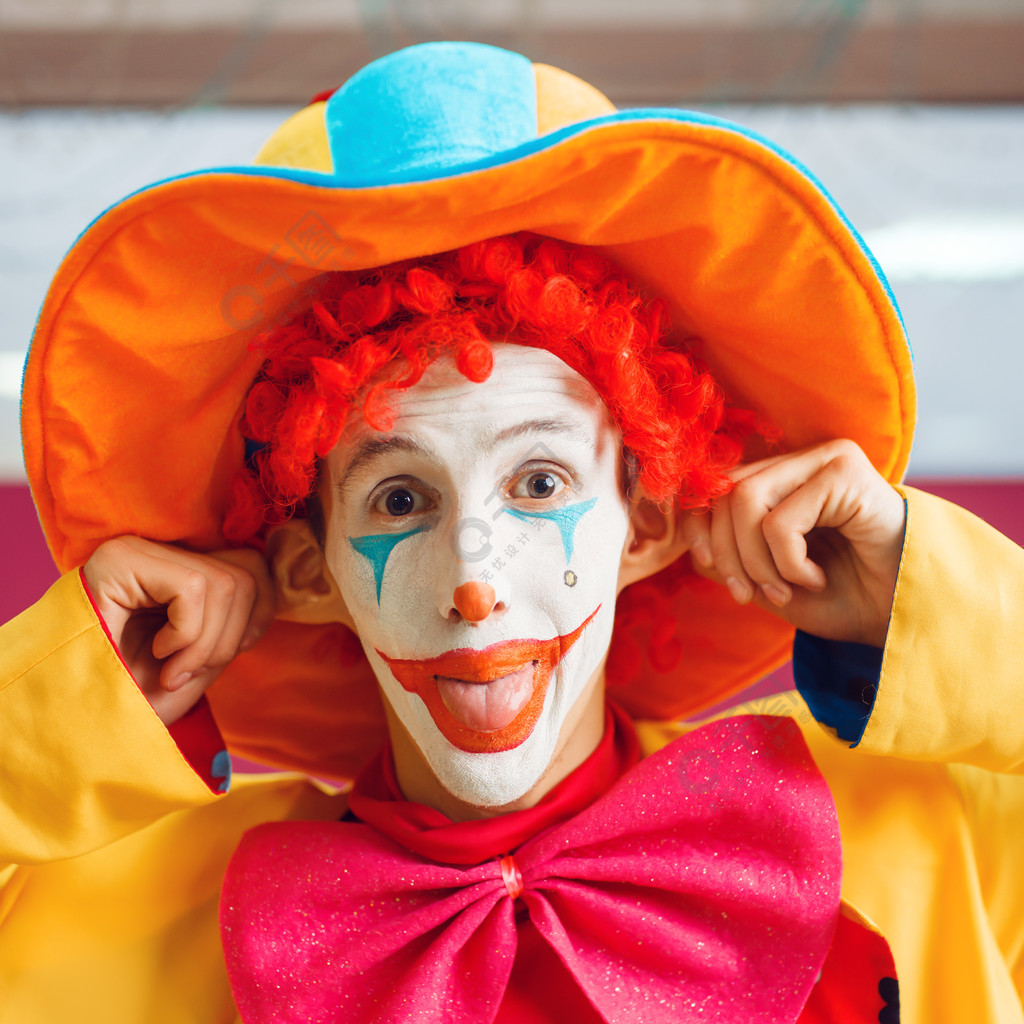 有构成的滑稽的小丑在五颜六色的帽子和服装姿势穿戴了在children