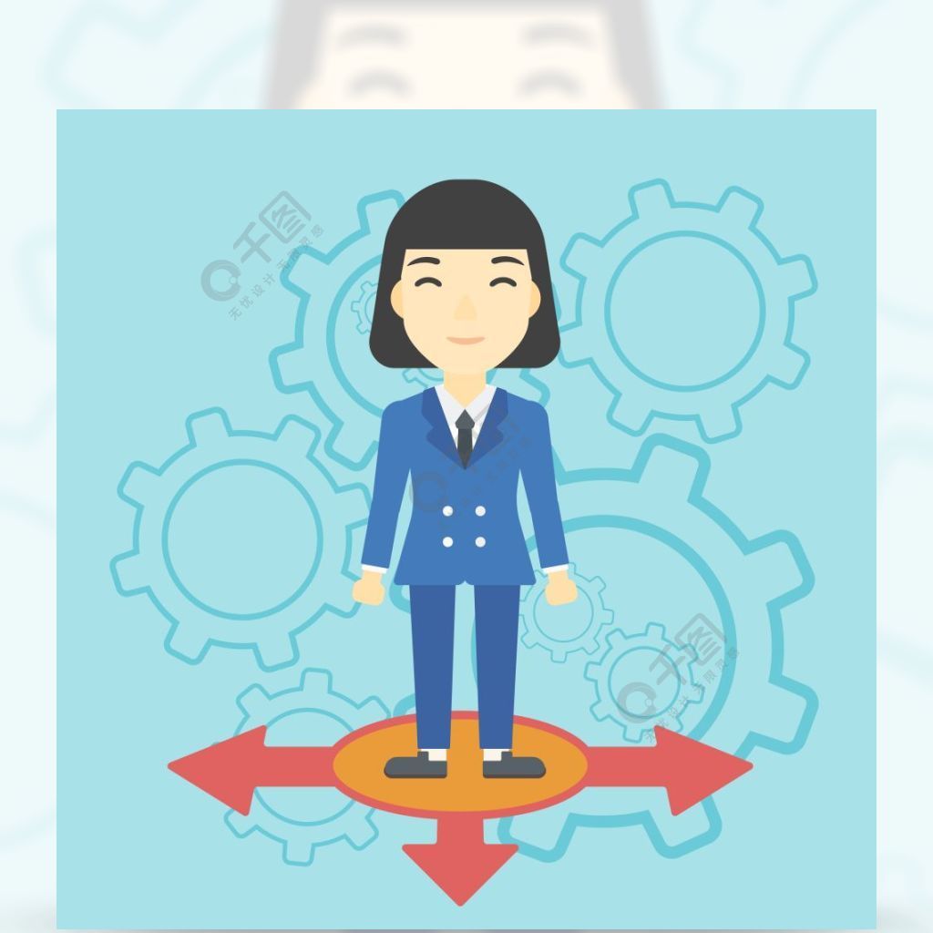 站立在蓝色背景的三种选择方式的一个亚裔少妇与钝齿轮职业选择的概念