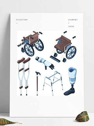 残疾人的轮椅和<i>其</i><i>他</i>各种物体的等距插图矢量假肢设备，医疗拐杖，人工假肢脚和手残疾人轮椅和<i>其</i><i>他</i>物体的等距插图