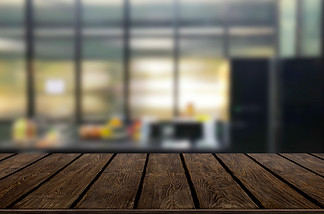 木桌上模糊厨房或咖啡厅的房间背景对<i>于</i>蒙太奇产品展示设计关键视觉布局