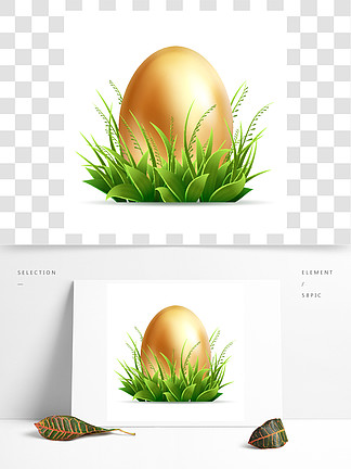现实金黄在白色背景隔绝的鸡蛋和绿草-导航<i>复</i>活节构成<i>复</i>活节彩蛋的例证在绿草的现实的金蛋和孤立的白色背景上的绿草-矢量<i>复</i>活节组成