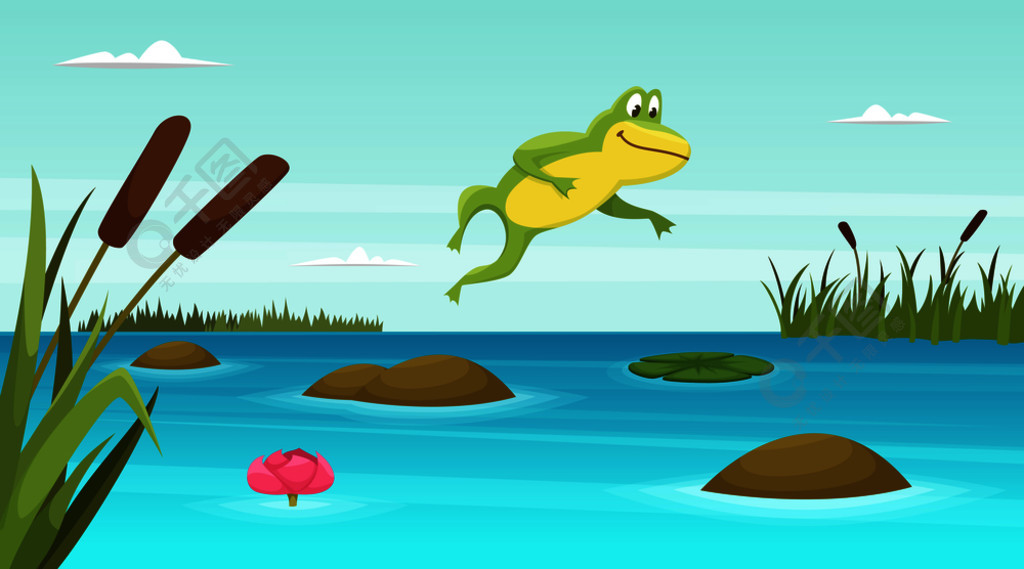 青蛙跳在池塘里矢量卡通背景蟾蜍两栖动物的例证青蛙跳在池塘里矢量