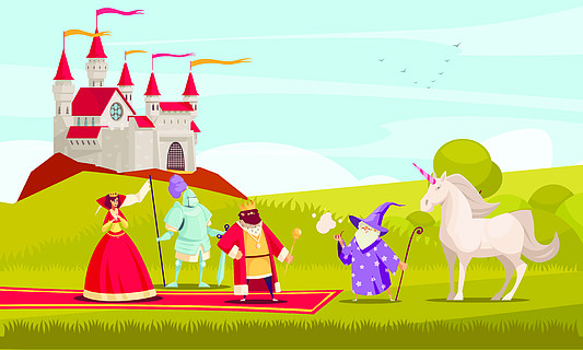 童话人物背景与国王皇后和骑士平面矢量图