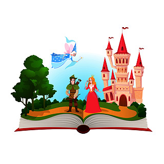 魔术人生图书馆打开书与幻想王国城堡孩子们梦想矢量背景公平儿童漫画