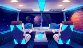 太空飞船的座舱内部与空间和行星视图