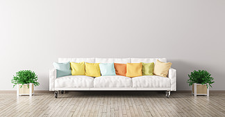 客厅现代内部有白色沙发，多彩多姿的坐垫和植物3d的回报