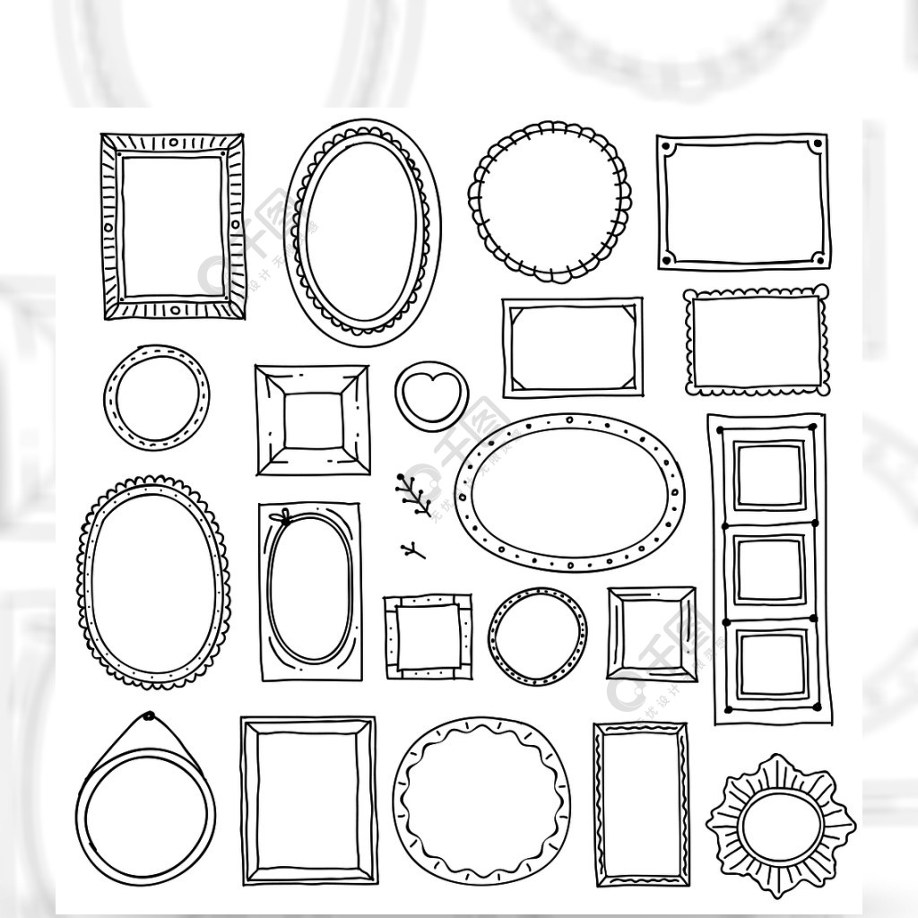 手绘相框涂鸦方形椭圆形相框和剪贴簿涂鸦边框矢量素描孤立的集手绘