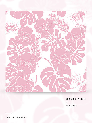 无缝的热带模式与粉红<i>色</i>的龟背竹叶子和花朵在白<i>色</i>的背景，矢量图