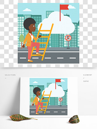 爬梯子的一个非裔美国<i>人</i>的年轻女商<i>人</i>得到在云彩顶部的红旗矢量平面设计插画方形的布局领导女商<i>人</i>传染媒介例证