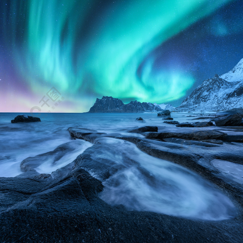 挪威極光星空冬季夜景與極光,海水模糊風景名勝免費下載_jpg格式_7337