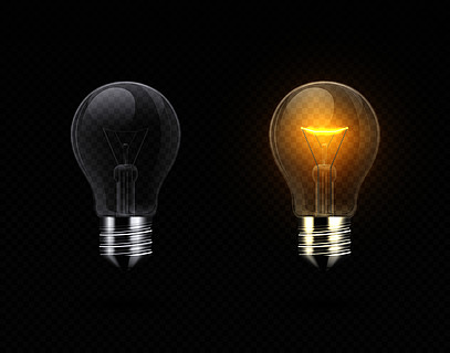 现实的灯泡发光的黄色和白色白炽灯丝灯,通电和模板传染媒介3d电灯泡