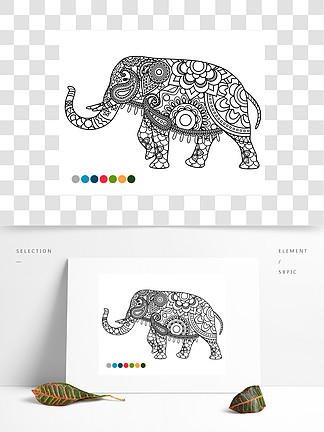 大象装饰着曼陀罗装饰彩<i>页</i>的颜色样本大象曼陀罗点缀颜色样本