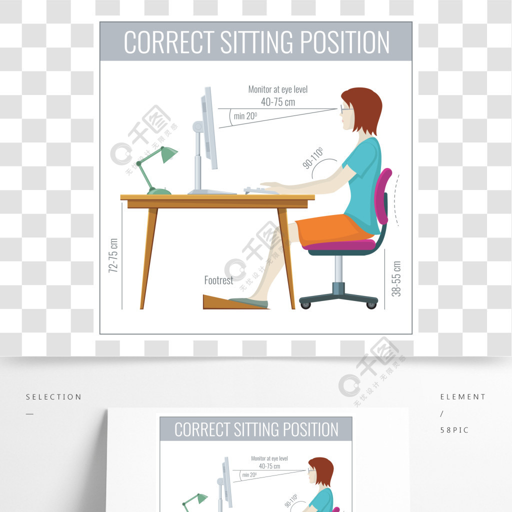 正确的脊椎坐姿在计算机健康预防矢量的概念正确的脊椎坐姿在计算机