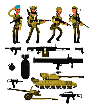 枪支和武器孤立的矢量集合建军节武器绿色坦克卡通棕色坦克插画军事