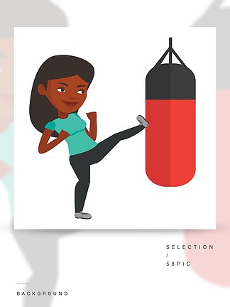 非洲裔美国人的拳击手，行使与拳击袋在训练期间击中重的袋子的女性拳击手与<i>沙</i>袋的年轻拳击手训练孤立在白色背景上的矢量平面设计插画行使与出气筒的女人