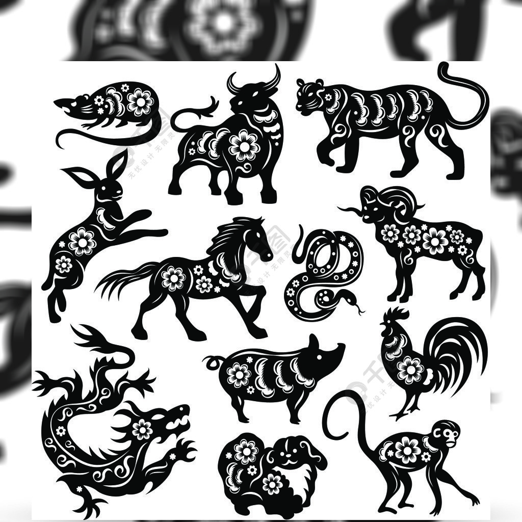 神圣的动物十二生肖图从孤立的白色背景上的黑色纸套切割矢量图